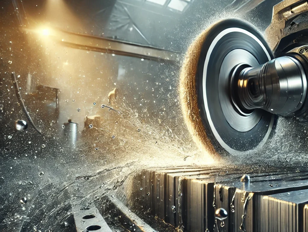 Cut-off wheel in use with coolant, showcasing improved performance and extended lifespan.